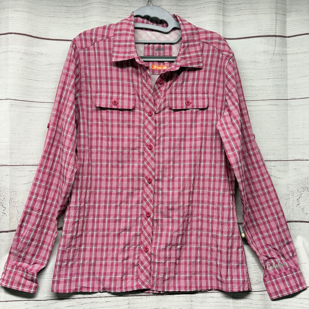 Cabela’s Insect Defense No Fly Zone Shirt Pink Plaid Womens M Fishing Hiking